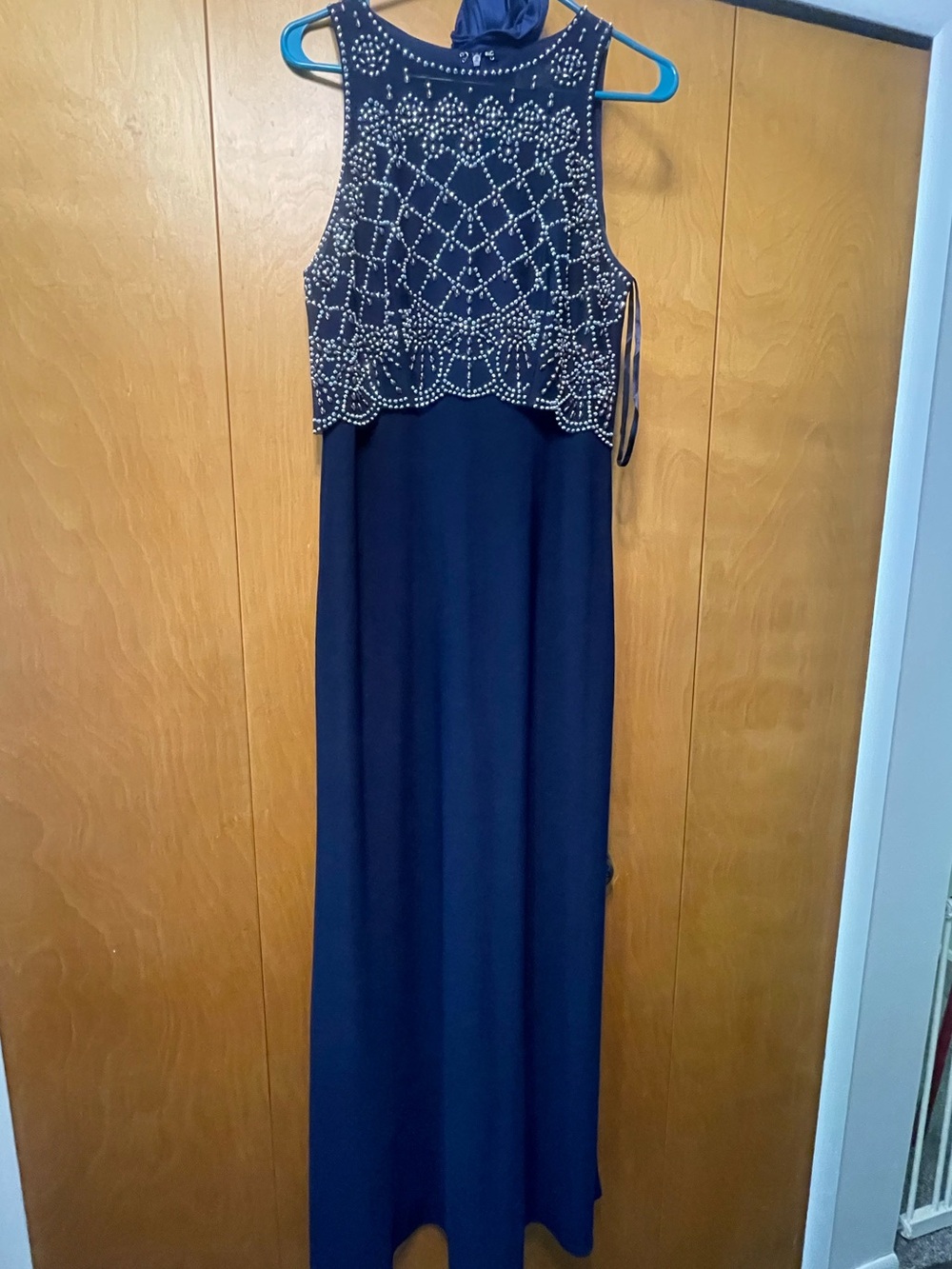 Sleeveless Navy Beaded Evening Dress